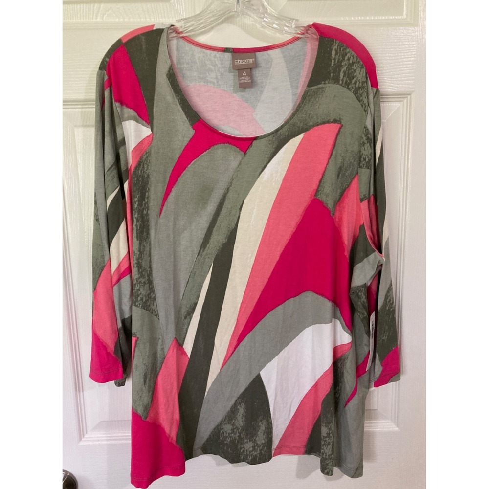 Chico's Size 4 (XXL) Scoop Neck Tunic 3/4 Sleeve NWT Abstract Print Plus Stretch